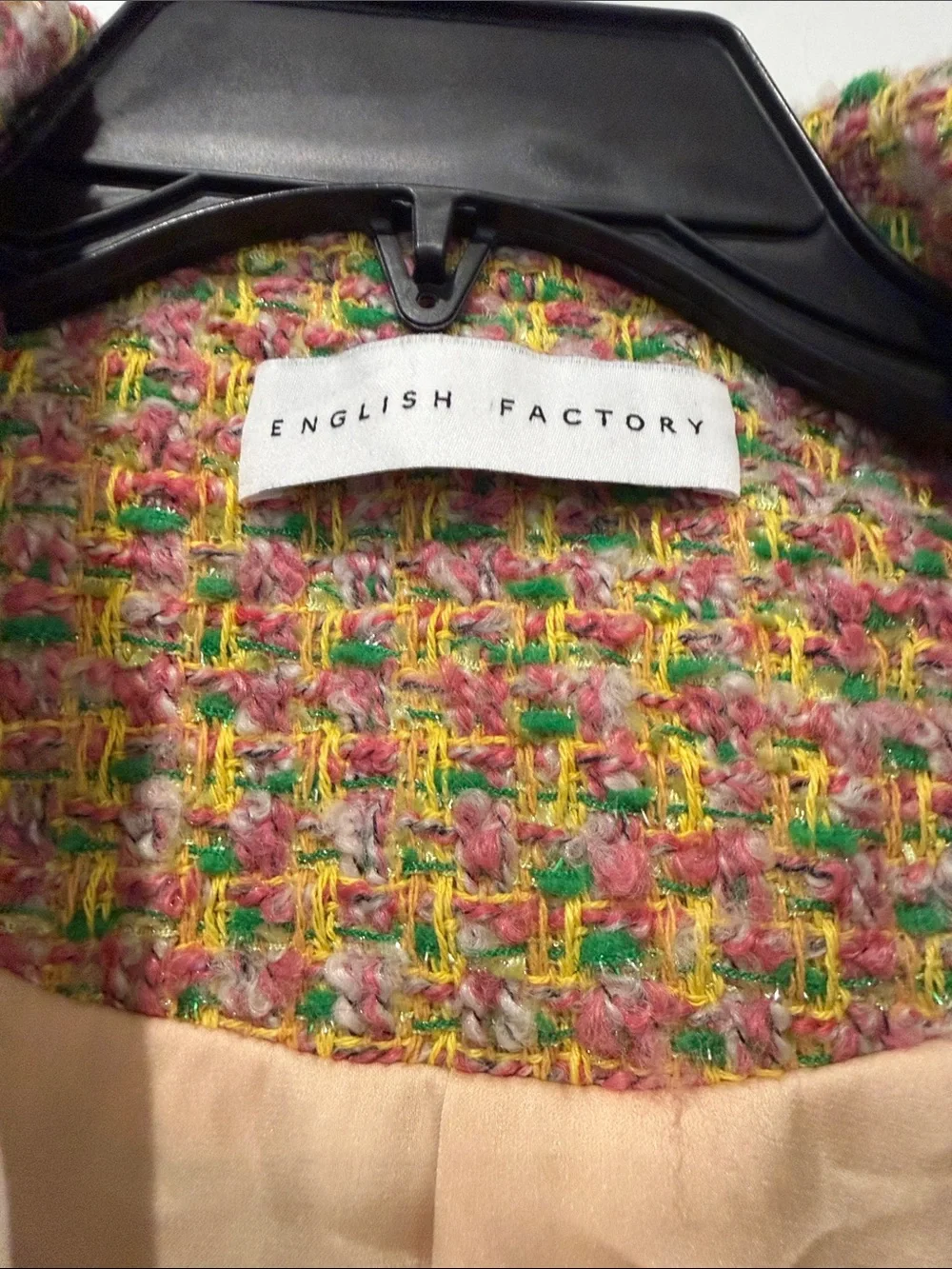 English Factory Pink Multicolor Tweed Cropped Jacket with White Collar